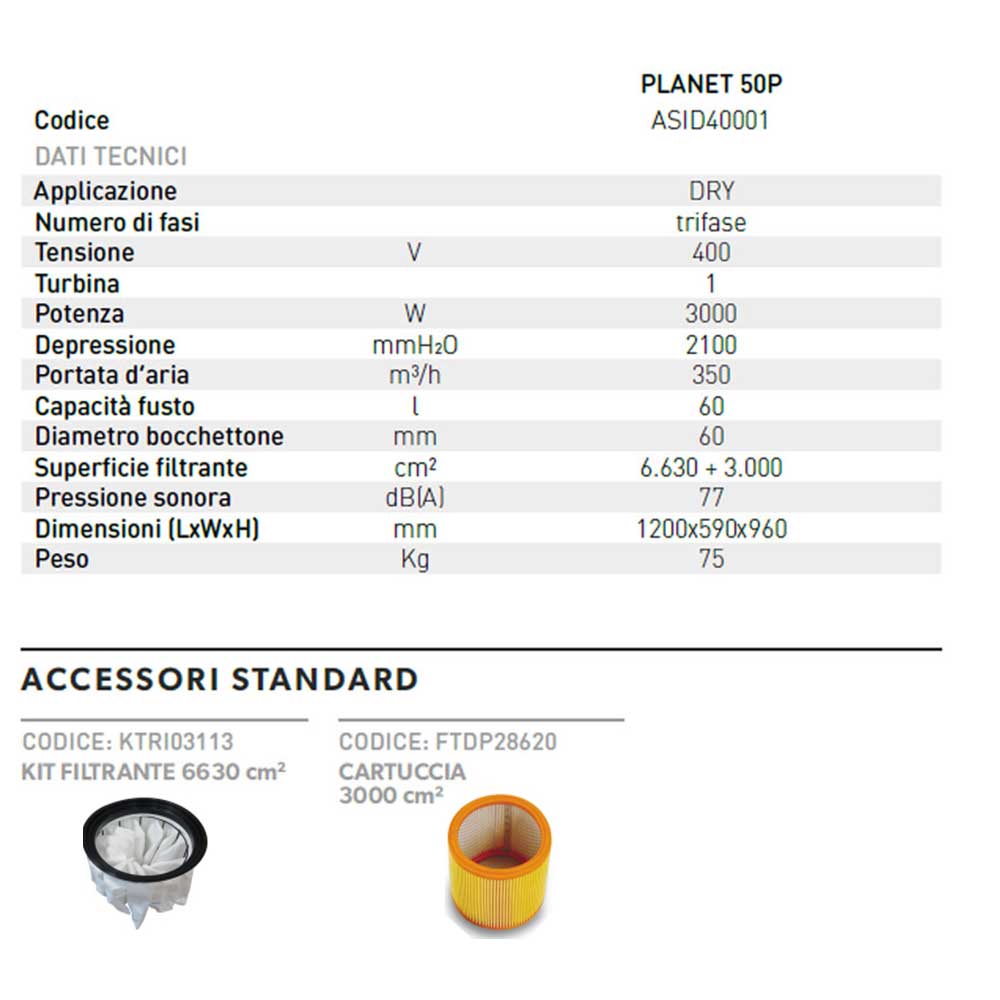aspiratore soteco planet 50p dati descrizione