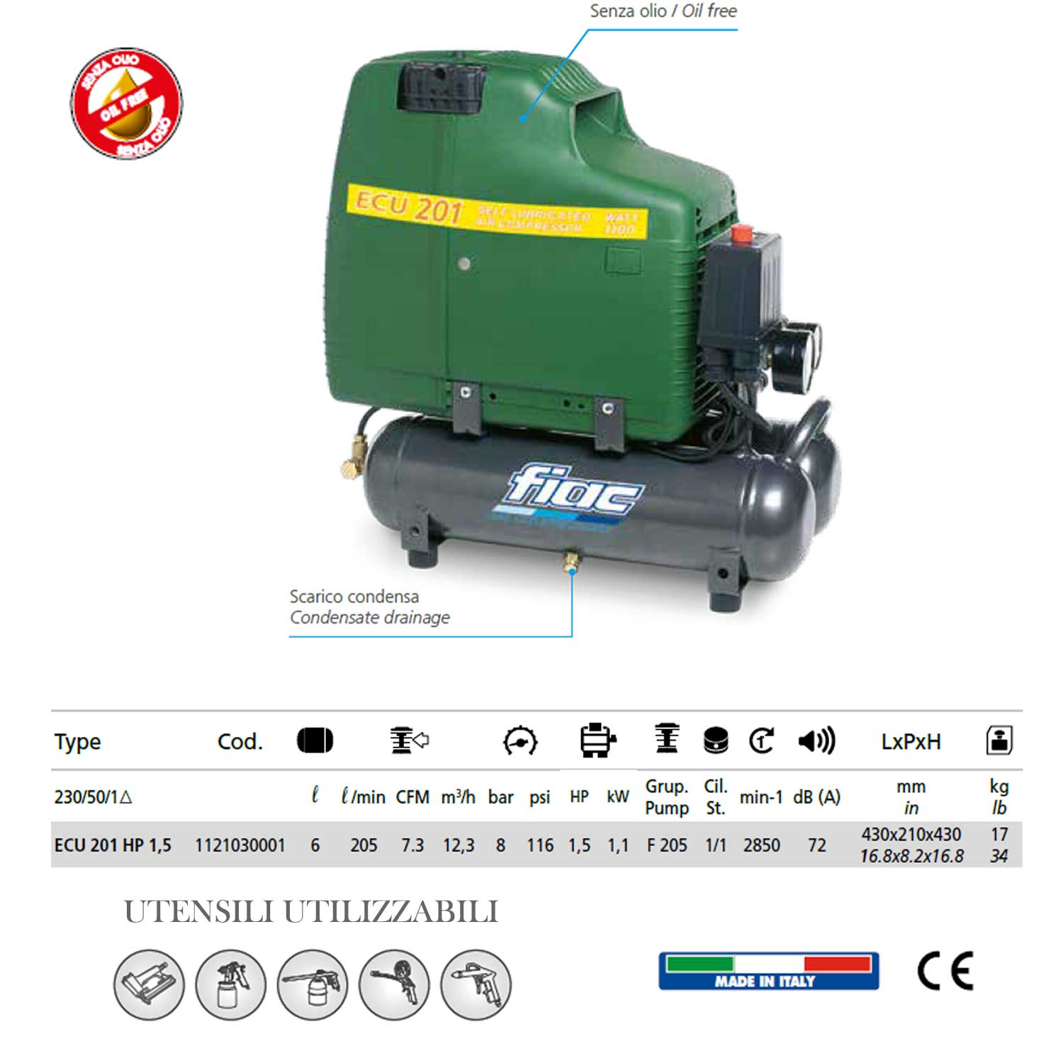 Compressore d'aria coassiali senza olio FIAC ECU 201 HP 1,5 1100w