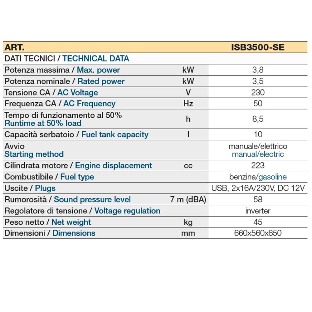 generatore inverter egm isb3500se dati tecnici descr