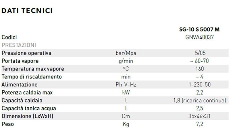 genratore vapore sg10 dati descr