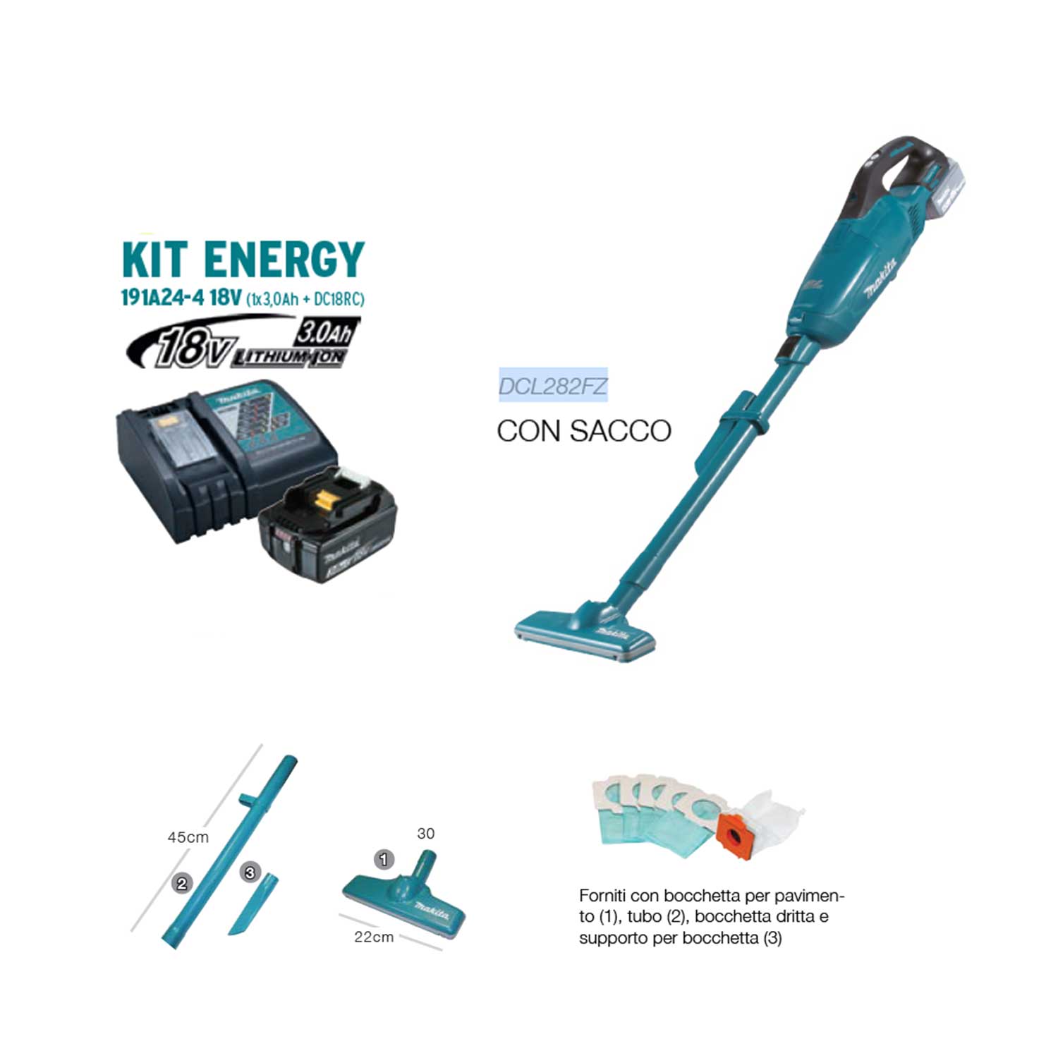Aspiratore Makita dcl282+1batt 18V + kit energia 191a24-4 con 1 batteria  bl1830b 18V
