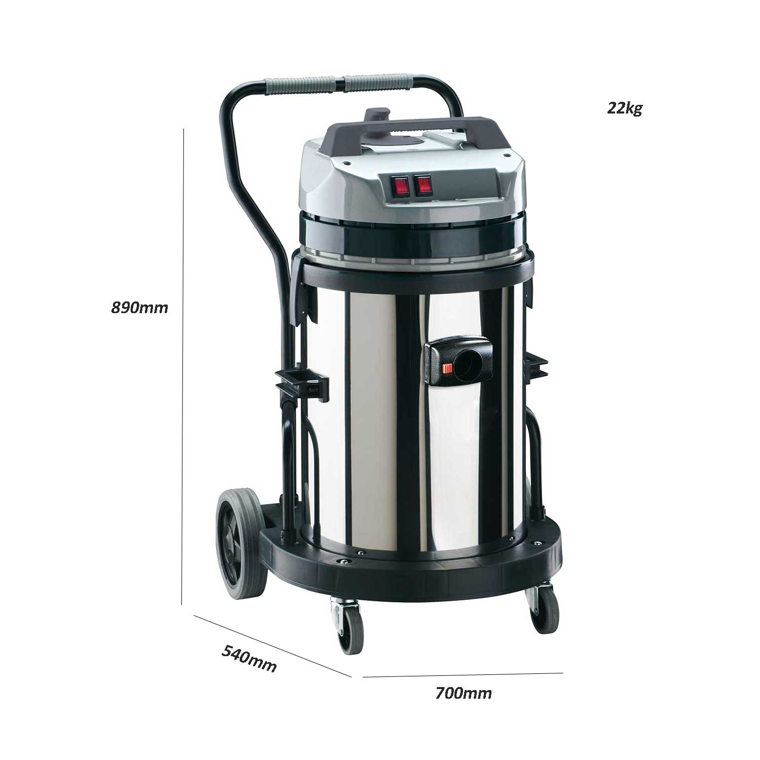Aspiratore Soteco MEC 429 Mark professionale per solidi e liquidi  carrellato con serbatoio in acciaio inox da 62 lt, filtro lavabile compresi  tubo mt. 2,5, 2 prolunghe e 4 spazzole
