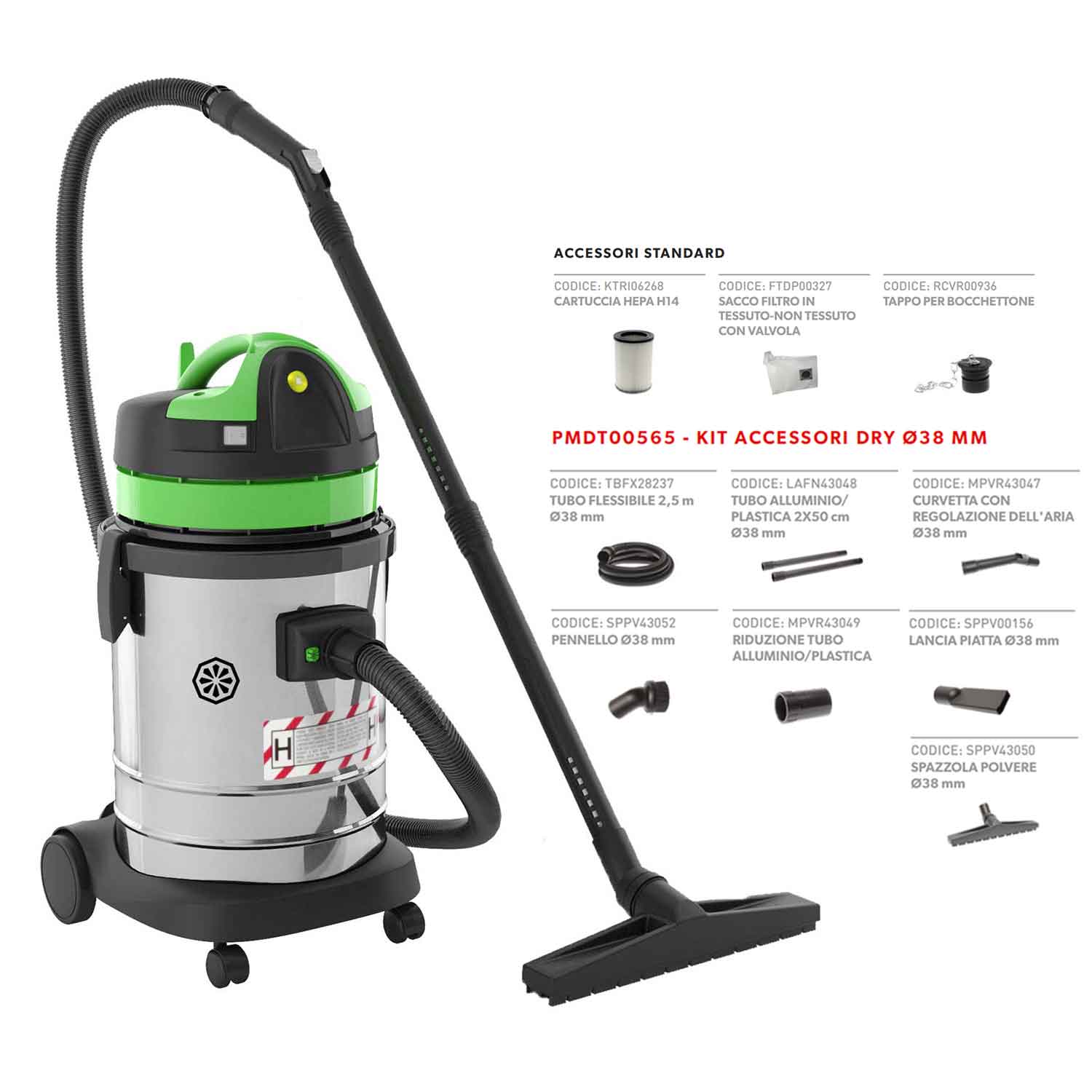 Aspiratore Soteco GS 1/33 H + kit pmdt00565 per polveri nocive motore 1200W  fusto acciaio