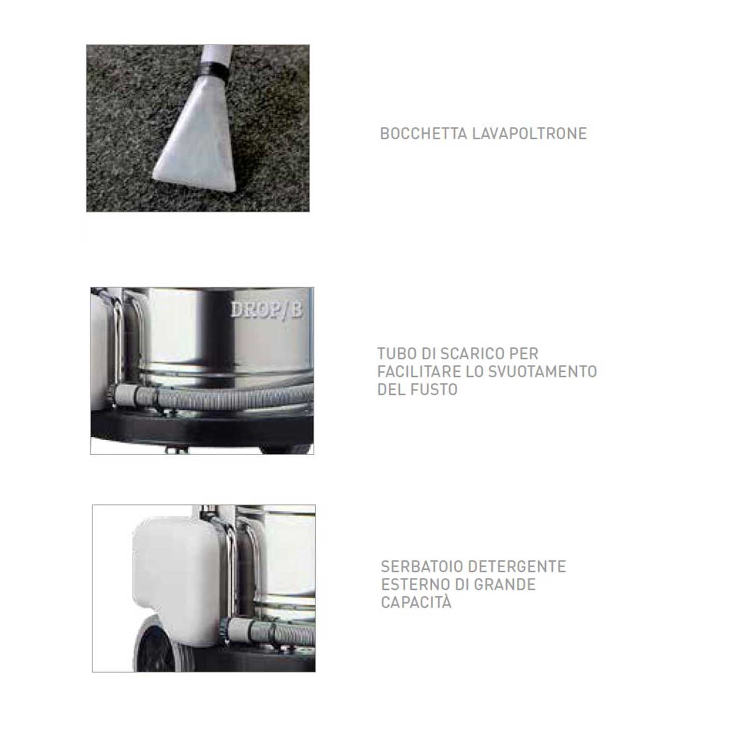 Aspirapolvere Soteco DROP/B estrattore per solidi e liquidi 2 motori  bistadio 2400W serbatoio 62lt per pavimenti duri, tappeti, interni auto e  divani con accessori