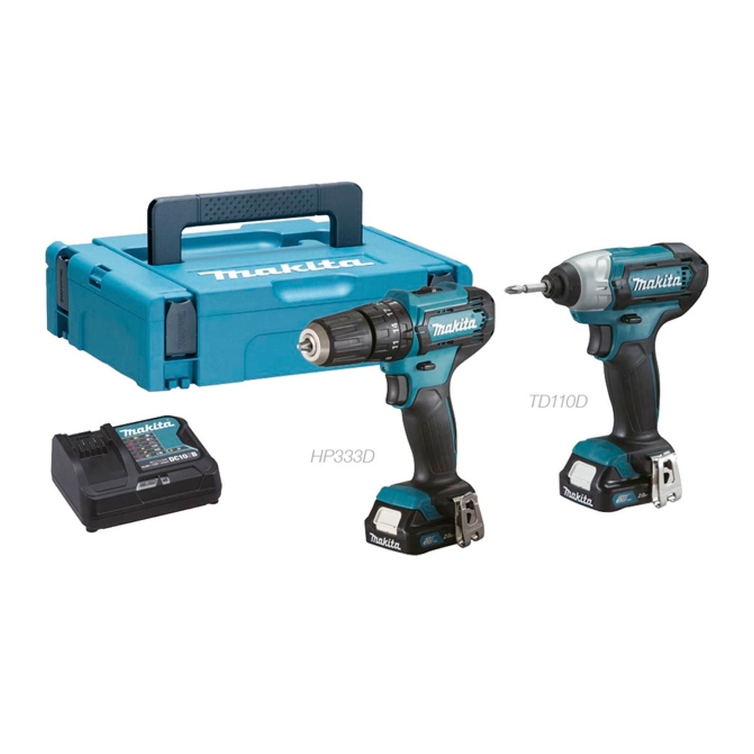 Set Makita Clx228aj trapano avvitatore hp333d + avvitatore a impulsi td110d  12 V + 2 batterie