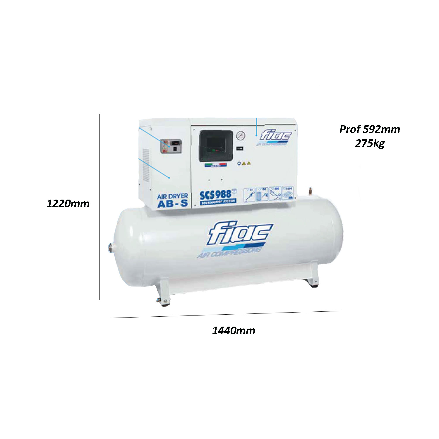 Compressore aria Fiac SCS 988/300 ABS con essiccatore insonorizzato a  pistone potenza 400V pressione 10 bar serbatoio 270l avviamento diretto